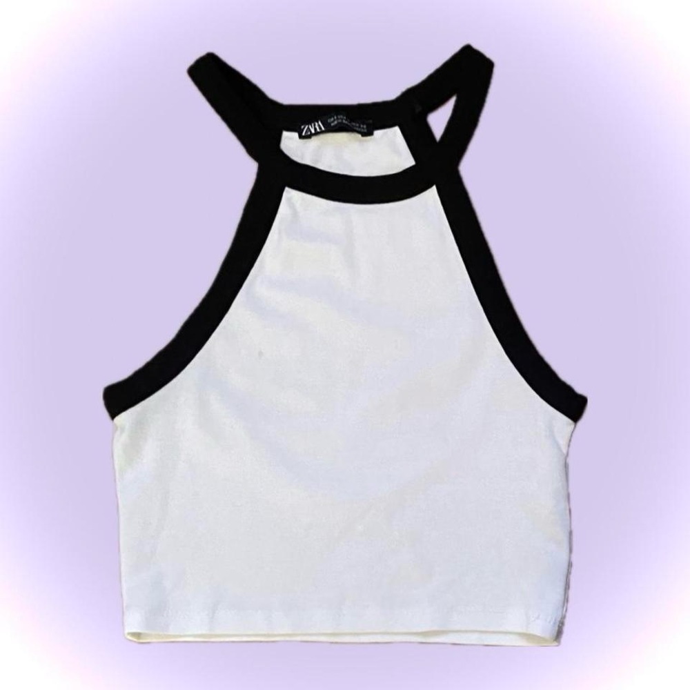 Zara white and black cropped halter tank top